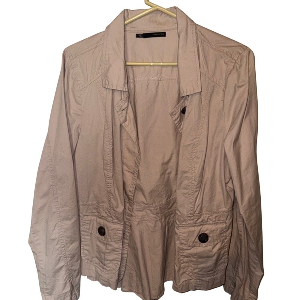 Maurices Women Large Dusty Rose Pink Ruffle Back Peplum Utility Jacket Blazer‎
